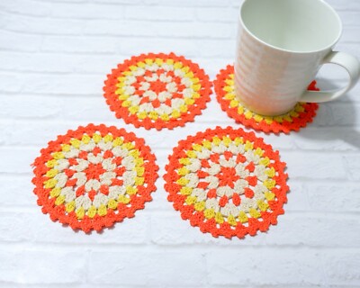 4er Set Handarbeit Häkel Untersetzer - Orange Becher Teppich - Bunt Rund Deckchen