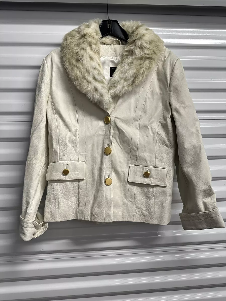 Cream leather jacket with fur best sale collar