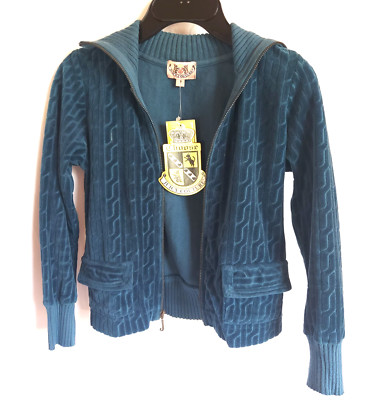 Juicy Couture Y2K Cropped Jacket Teal velvet velour Hitch Crochet VLR Sz 7 NWT