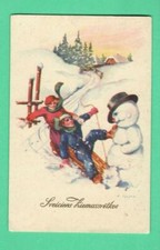 LETTONIA LETTONIA NATALE PERSONE E PUPAZZO DI NEVE CARTOLINA D'EPOCA USATA 458