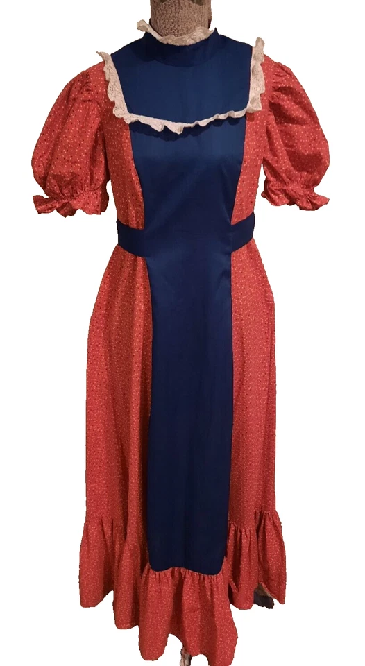 Vestido Pradera Años 70 Manga Abullonada Rojo/Naranja Ditsy Floral y Azul Marino, Busto 36" Foto 4 de 4