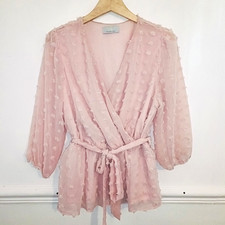 Quiz Womens Top Pink Size UK 16 Faux Wrap Swiss Dot Evening Party Blouse Summer