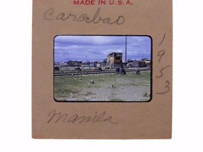 Carabao Wasserbüffel Eisenbahn Schienen Hütten Manila Philippinen 1953 35mm Dia