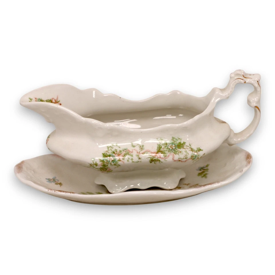 Johnson Bros Gravy Boat con placa base Meakin porcelana a juego C. 1900 Foto 3 de 4