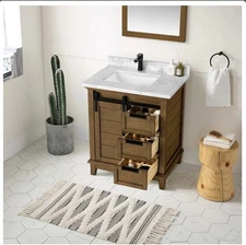 Ove Decor Edenderry 30” Wood Vanity With Marble Top. Rustic Almond Sliding Door