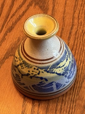 Vintage Bud Vase 4 x4  Beautiful Blue Yellow Brown Signed With a  B  Pottery EUC