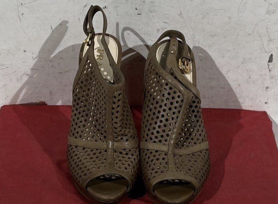 Prada  Brown Leather Lattice Heels, Designer w/COA