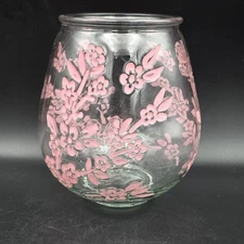 Old East Main Company Pink Floral on Clear Glass Vase or Candle Holder 7" Barrel