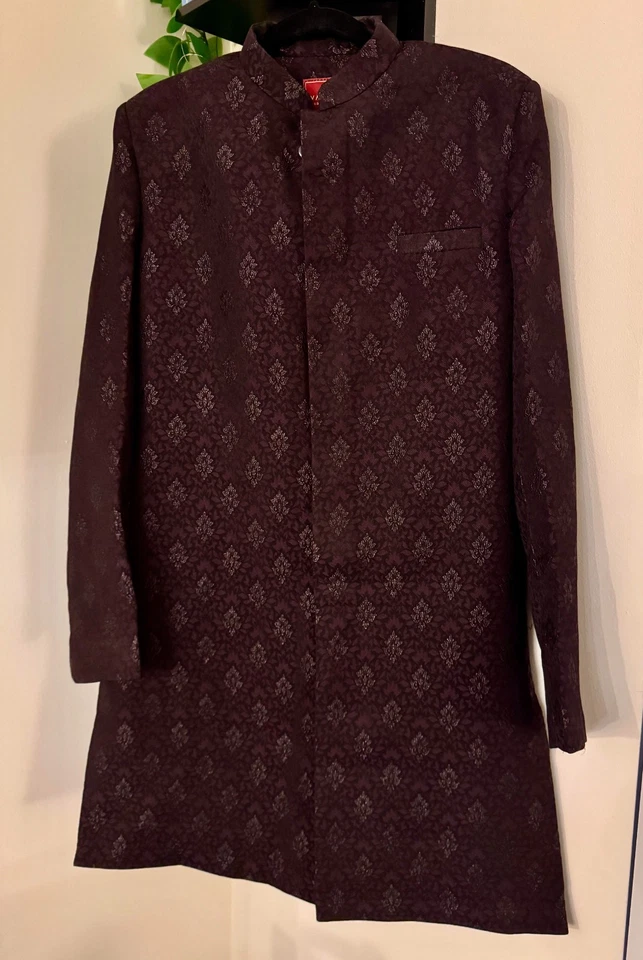 Juego Sherwani mezcla seda vino hombre || Talla: Grande(40) Foto 4 de 4