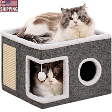 Cozy Cat Bed W/ Cave Design Scratch Pad Reversible Cushion Indoor Cats New