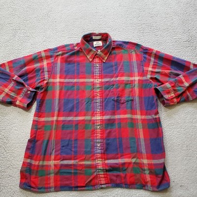 Vintage Van Heusen 417 Shirt Mens Large Red Blue Flannel Plaid Cotton 80s