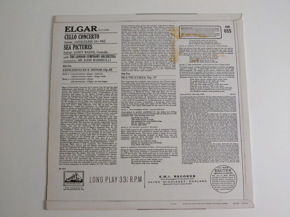 ASD 655 Jacqueline Du Pre Elgar Cello Concerto Barbirolli EX+ UK 1st Ed Semi EMI - Image 2 of 4