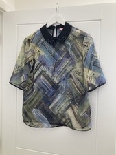 Ted baker Sheer Blouse Top With Blue Green Design. Black Beaded Embellishing