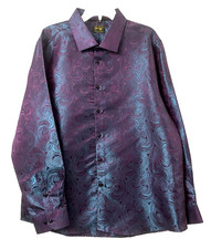 Barry Wang Mens Purple Blue Silk Poly Metallic Paisley L/S Button Dress Shirt XL