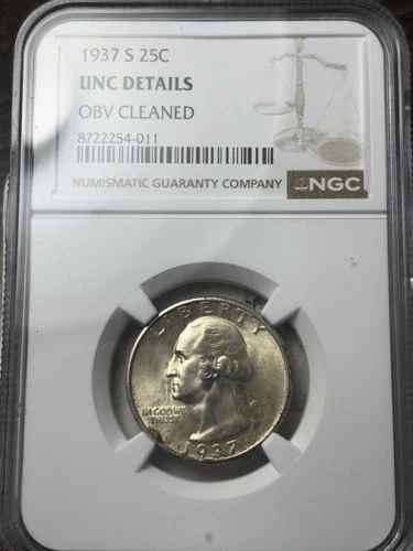 1937-S 25c Washington Quarter NGC UNC Details, Obverse Cleaned