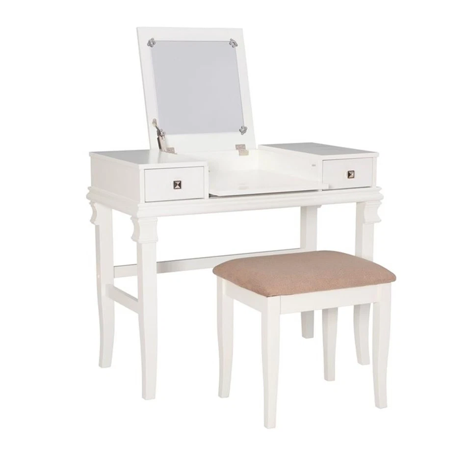 Linon Angela Wood Vanity & Padded Beige Stool 2 Drawers Flip Up Mirror in White - Image 2 of 4