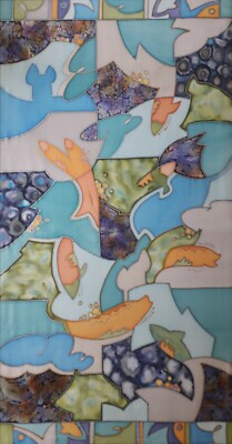 YVONNE AULD ORIGINAL Unterwasser Antic Koi Karpfen Orientalische Teichfische SEIDENMALEREI 