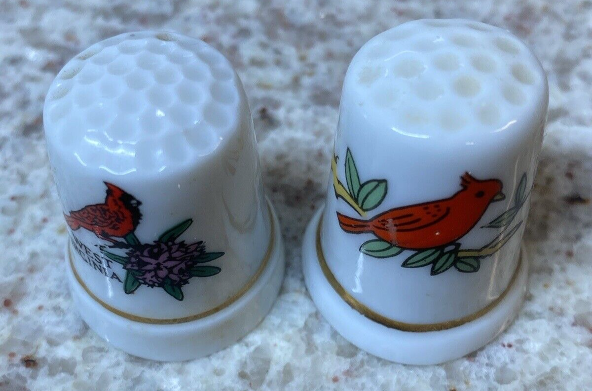 Vintage Porcelain Thimbles 2 WV State Flower Bird Rose Cardinal West Virginia