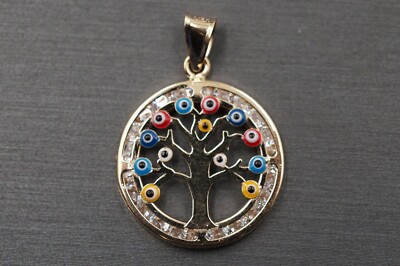 14K Solid Yellow Gold 19MM Circle Tree With Multi Color Evil Eyes Charm Pendant.
