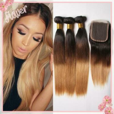 12A BRAZILIAN HUMAN HAIR WEFT 3/4BUNDLE+LACE TOP CLOSURE 1B/4/27 DARK ROOT OMBRE