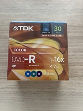 TDK 30 Pack DVD-R 4.7GB 16X Color Plastic Snap N Save Case SEALED