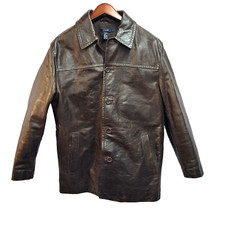 Vintage J Crew Brown Leather Coat Jacket Button Closure Car Coat MEDIUM