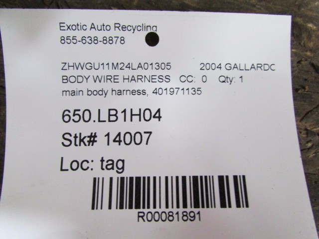 Lamborghini Gallardo, Main Body Wire Harness, Used, P/N 401971135