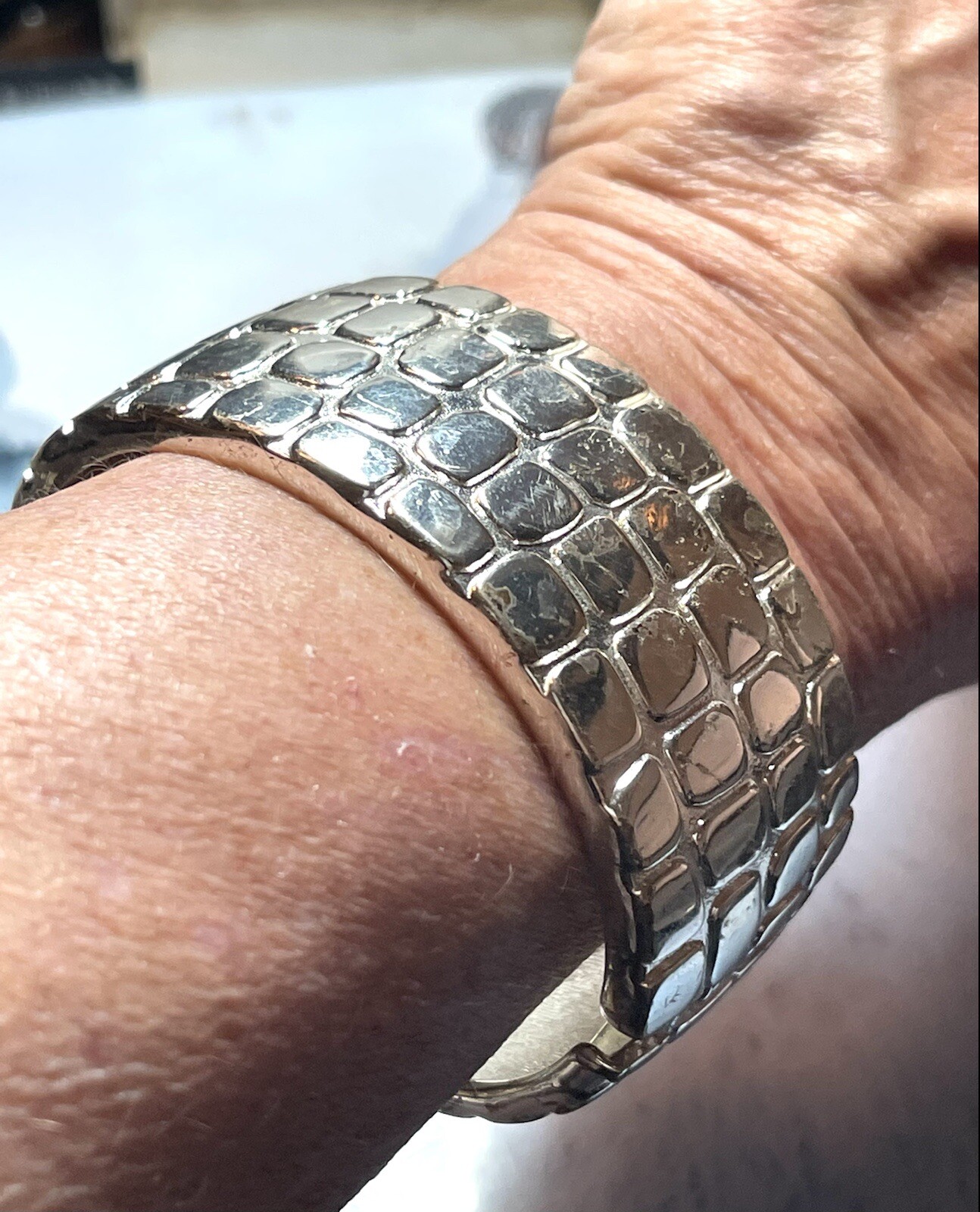 Statement Silver Tone Wide Hinged Clamper Texture… - image 6