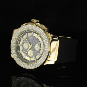 Authentic Mens 3 Row Round Analog Bezel CZ Gold Plated Rubber Strap Quartz Luxury Watch