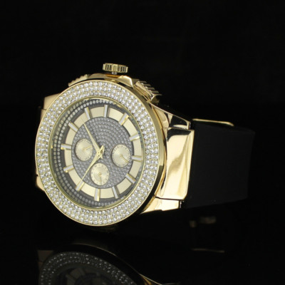 Mens 3 Row Round Analog Bezel CZ Gold Plated Rubber Strap Quartz Luxury Watch