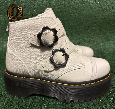 Dr. Martens Doc Devon Flower Buckle White Leather Platform Boots