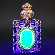 Bottle for Perfume with Uranium Glass Cabochon Art Deco Blue Cobalt Czech Glass
