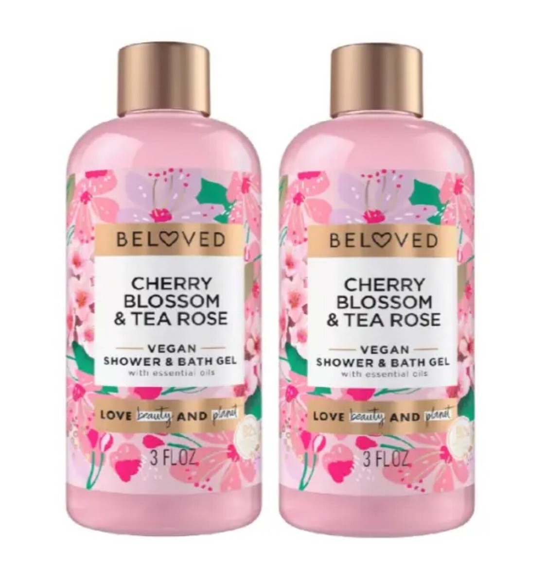 4x Beloved Mini Shower & Bath Gel Floral Cherry Blossom & Tea Rose
