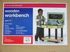 NIB FAO SCHWARZ large WOODEN toy WORKBENCH w chalkboard tools phone nuts  bolts