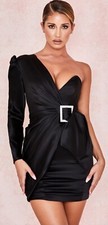 NWT House Of CB Chiara Black One Shoulder Draped Satin Dress Size XS  