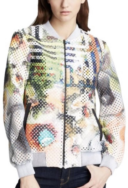 CLOVER CANYON Floral Maze Grid Bomber Perforated Jacket Size XS #17681