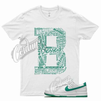 White BLESSED T Shirt for N Dunk Low Lucky Green Stadium Noble Kelly