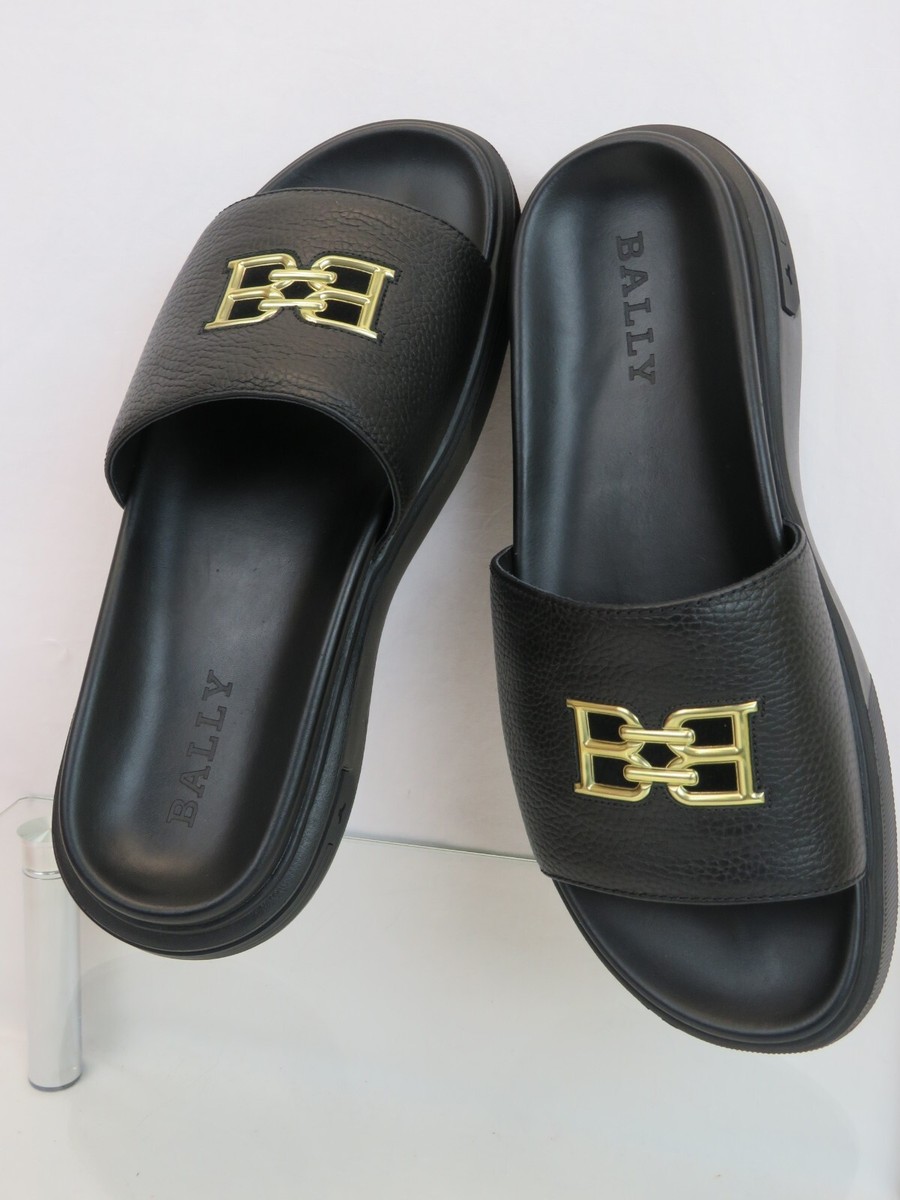 Bally Black Slides with Gold Emblem NIB BALLY JAXONS BLACK LEATHER B CHAIN GOLD LOGO SANDALS  main image 3