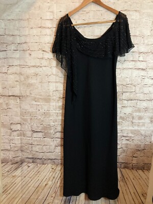Vintage S.L. Fashions Dress Women 10 Black LBD Beaded Coverlet Full Length Party