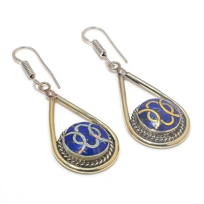 Lapislazuli Edelstein Handarbeit 925 Sterlingsilber Schmuck Ohrring 2,40'' M004