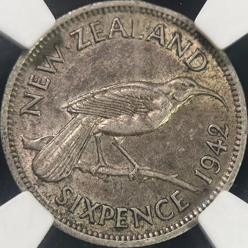 NEW ZEALAND. 1942, 6 Pence, Silver - NGC XF45 - KGVI, Huia Bird, Key Date