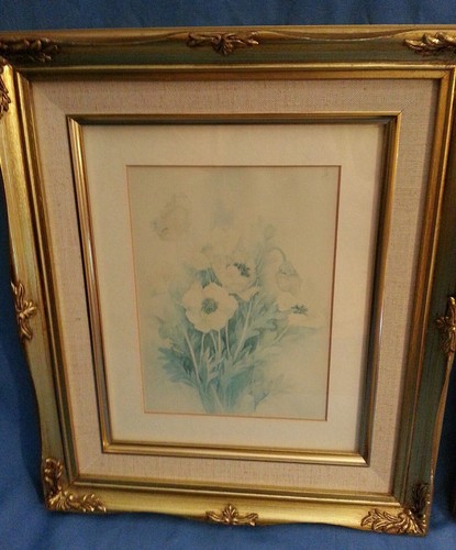 hd08 two vintage gold framed floral prints - soft pastel blue