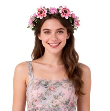 Rose Flower Leave Crown Bridal Halo Headband with Adjustable Ribbon Pink Pink