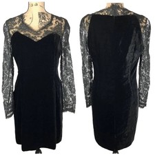 Genny Oro Vintage Velvet & Lace Black Sheath Dress Size M Long Sleeves Italy