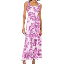 Vince Camuto Women Tropical Print Smock Back Sleeveless Maxi Dress Purple Size S