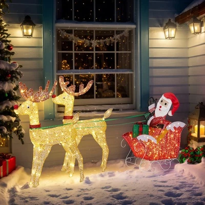 OUTVITA 180cm Christmas Reindeer Sleigh with Santa Claus Light UP Xmas Decor for Outdoor