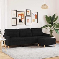 3-Sitzer-Sofa Mit Hocker Schwarz 210 Cm Stoff