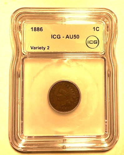 1886 U.S. Indian Head Cent Penny Variety 2 Graded Slabbed ICG AU 50