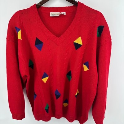 Essential Elements Vintage Red V-Neck Geometric Diamond Cable Knit Sweater XL