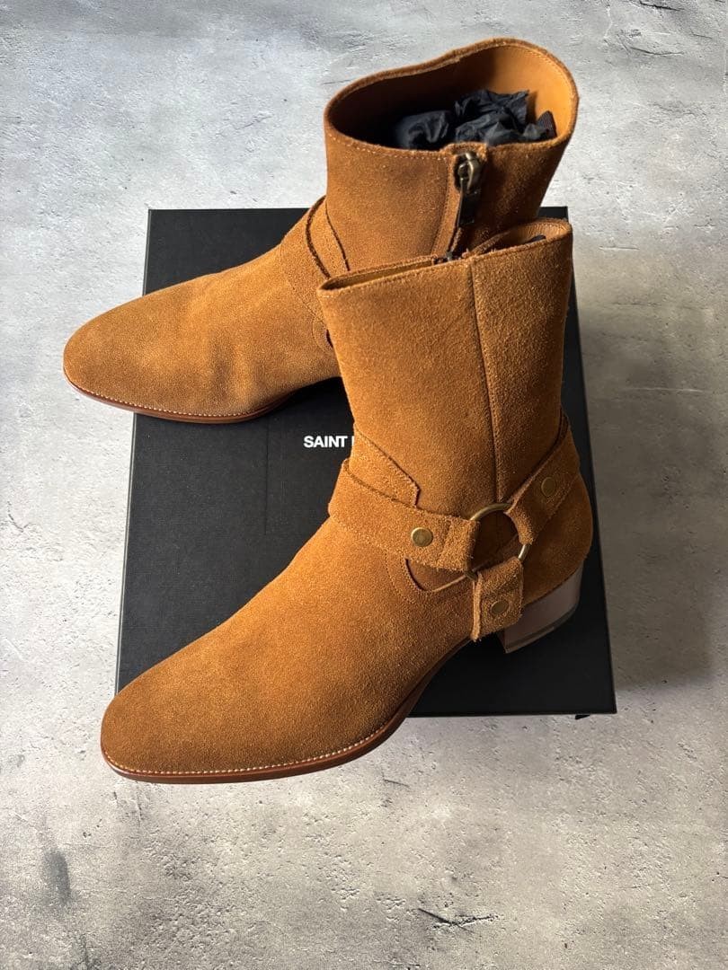 YSL Saint Laurent Brown Suede Leather Wyatt Harness Ring Boots Men 42 US9 Unused